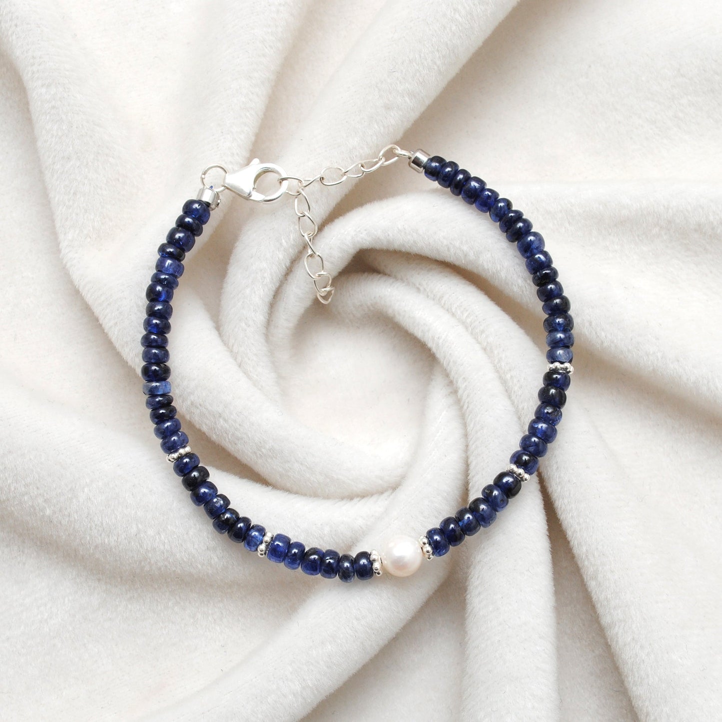 925 Sterling Silver Blue Sapphire & Pearl Bracelet – Minimalist Gift for Her