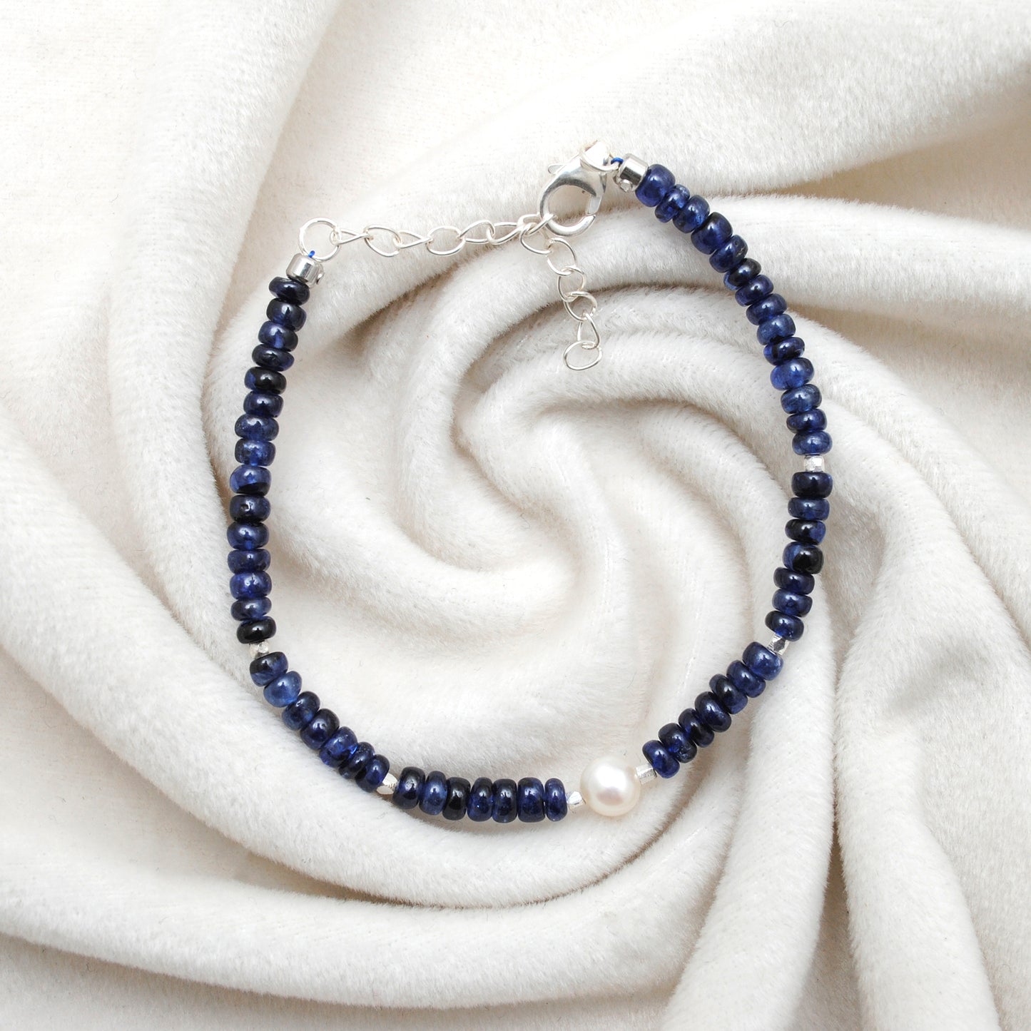 925 Silver Blue Sapphire & Pearl Beaded Bracelet