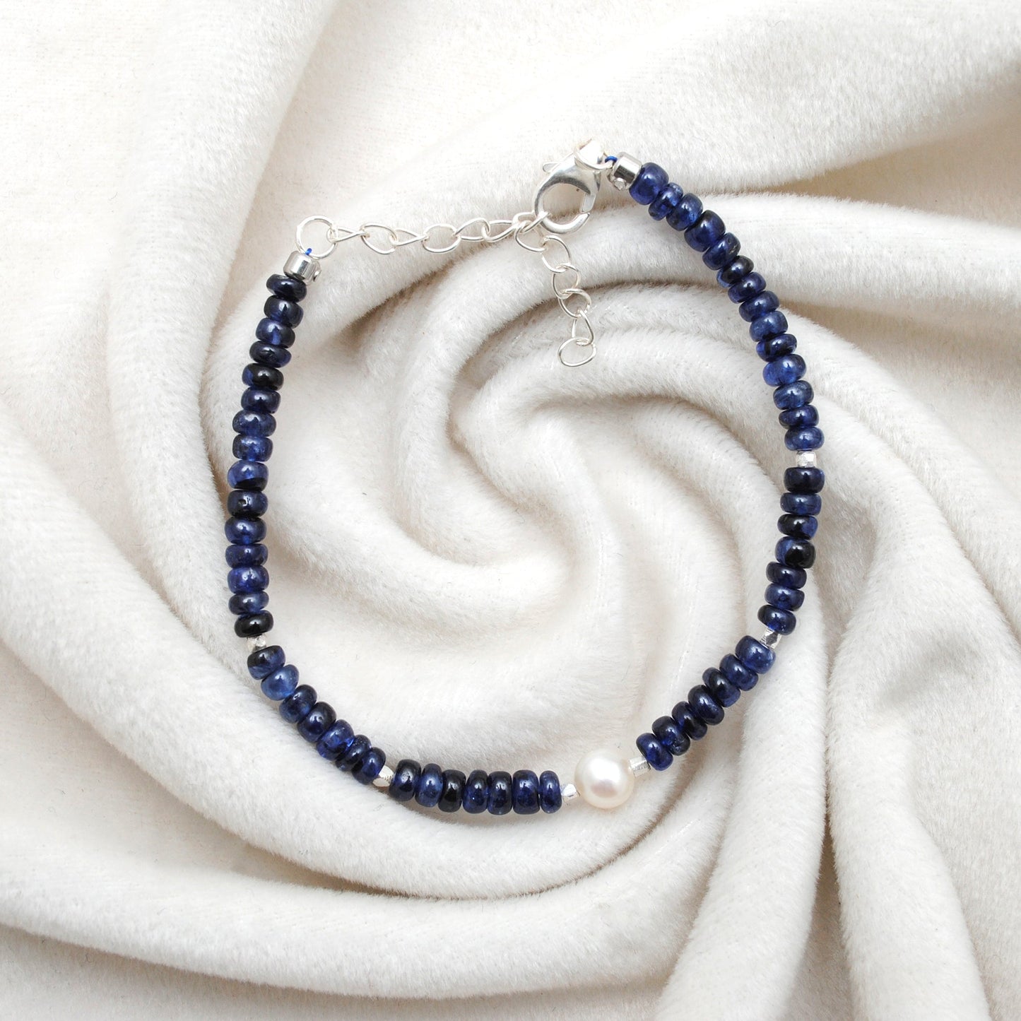 925 Sterling Silver Blue Sapphire & Pearl Beaded Bracelet