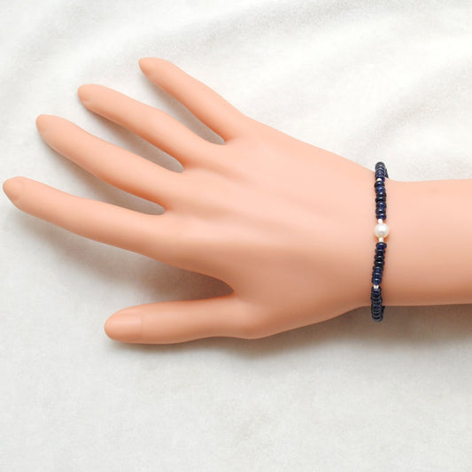 925 Sterling Silver Blue Sapphire & Pearl Beaded Bracelet