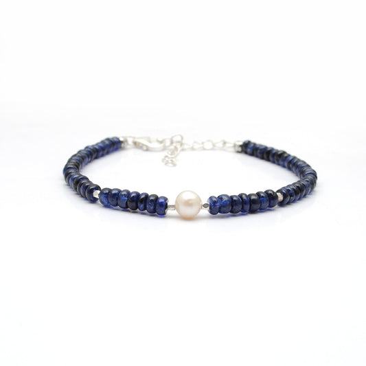 925 Sterling Silver Blue Sapphire & Pearl Beaded Bracelet - view 3