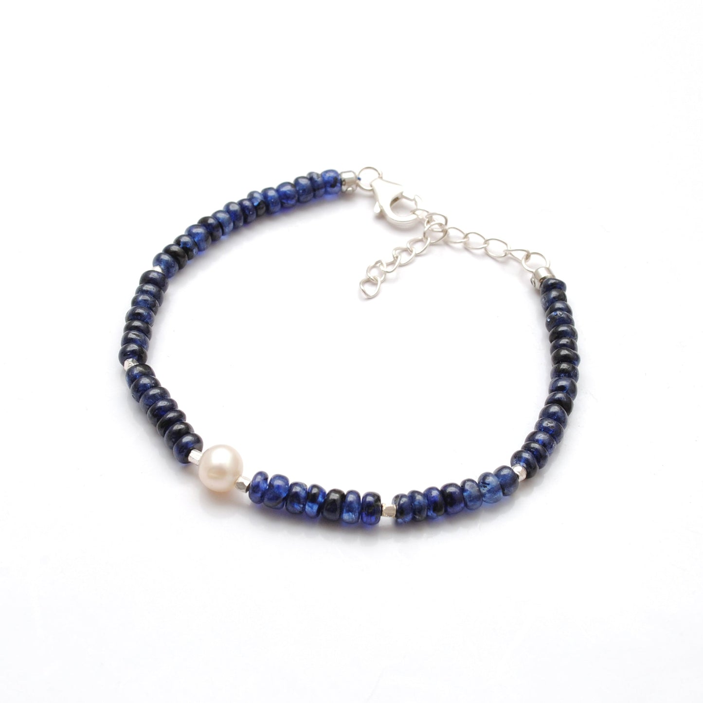 925 Sterling Silver Blue Sapphire & Pearl Beaded Bracelet