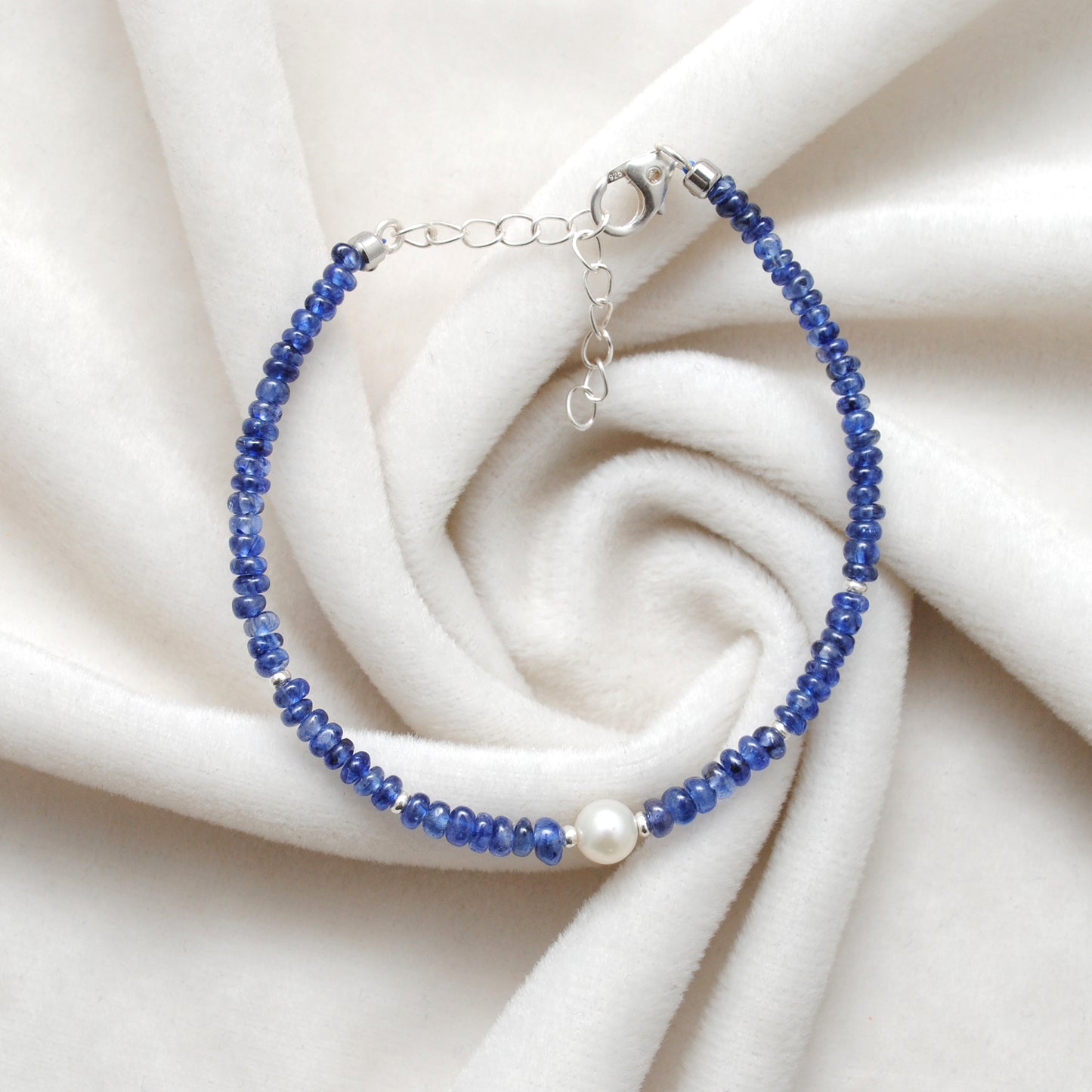 925 Sterling Silver Natural Blue Sapphire & Pearl Beaded Bracelet