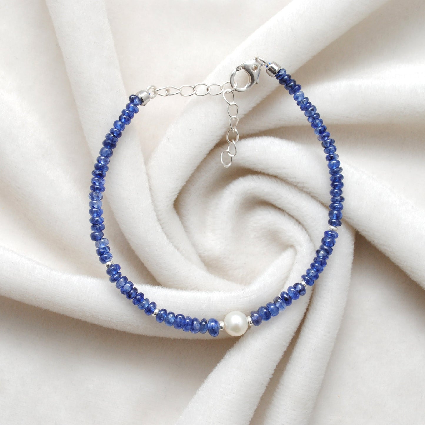 925 Sterling Silver Blue Sapphire & Pearl Bracelet, Handmade Gemstone Jewelry Gift