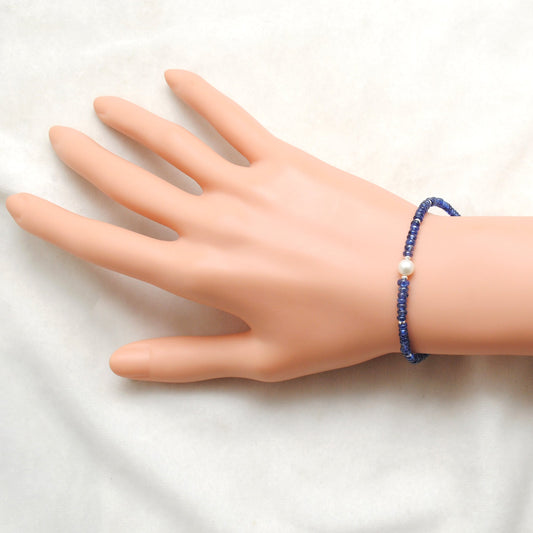 925 Sterling Silver Blue Sapphire & Pearl Bracelet, Handmade Gemstone Jewelry Gift