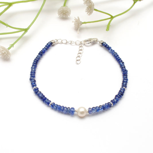 925 Sterling Silver Natural Blue Sapphire & Pearl Beaded Bracelet - view 3