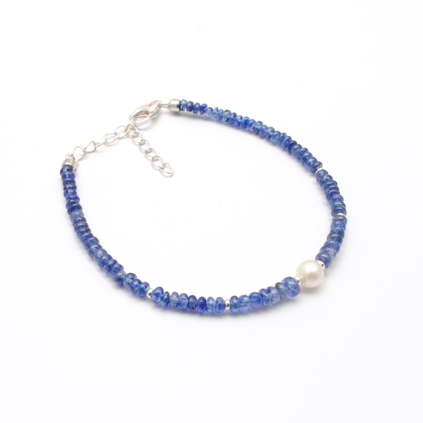 925 Sterling Silver Natural Blue Sapphire & Pearl Beaded Bracelet