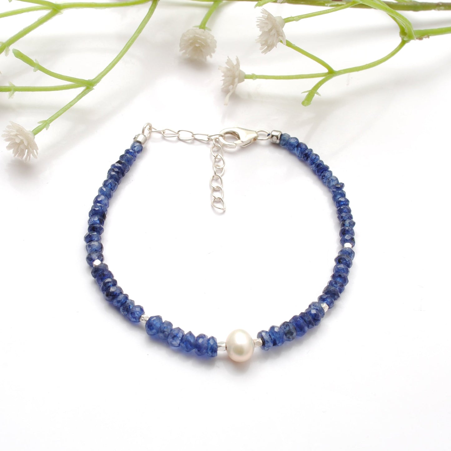 925 Sterling Silver Kyanite & Pearl Beaded Bracelet – Dainty Gift