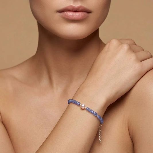 925 Sterling Silver Tanzanite & Pearl Bracelet – Elegant Blue & White Gemstone Jewelry Gift for Her