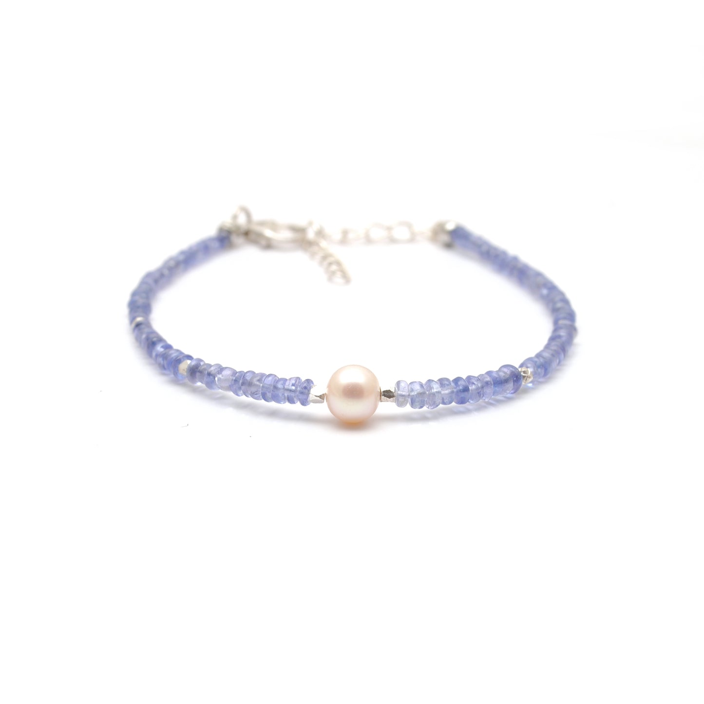 Natural Tanzanite & Pearl Silver Bracelet – 3mm Beads & 6mm Pearls – 8-Inch