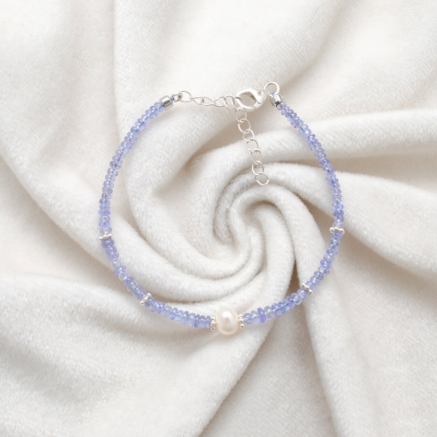 Handmade 8" Natural Tanzanite & Pearl Silver Bracelet