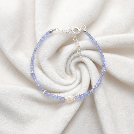 Handmade 8" Natural Tanzanite & Pearl Silver Bracelet