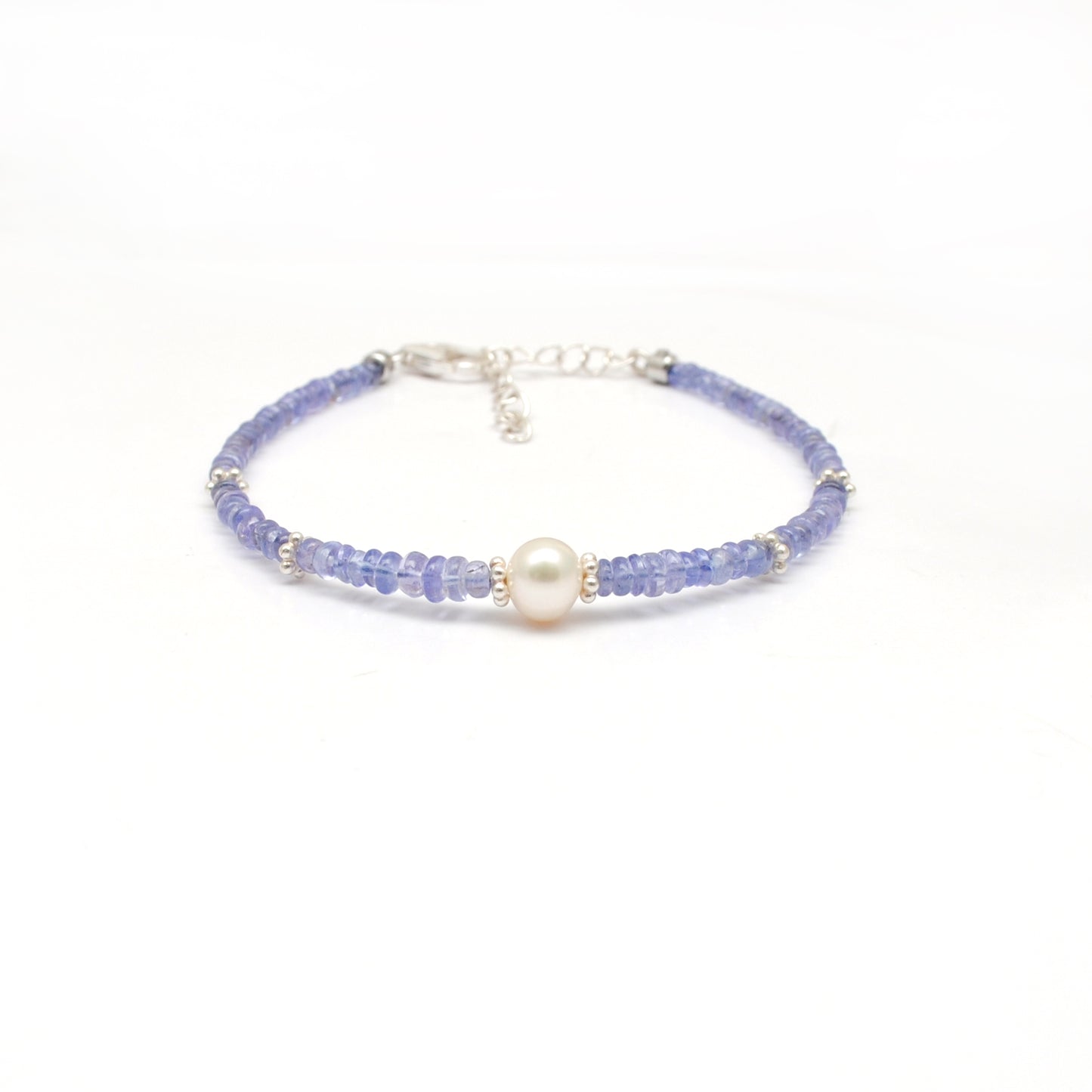 Handmade 8" Natural Tanzanite & Pearl Silver Bracelet