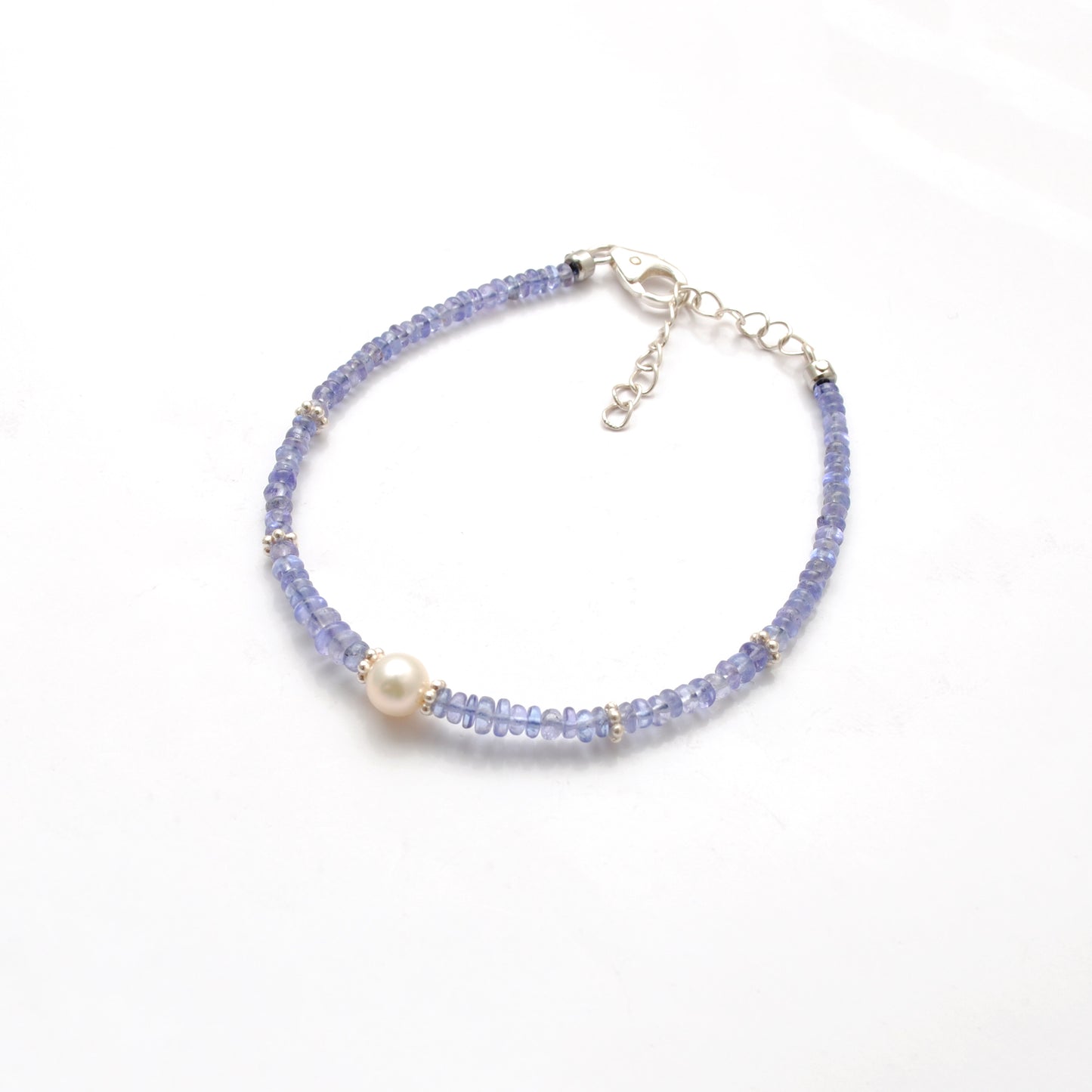 Handmade 8" Natural Tanzanite & Pearl Silver Bracelet