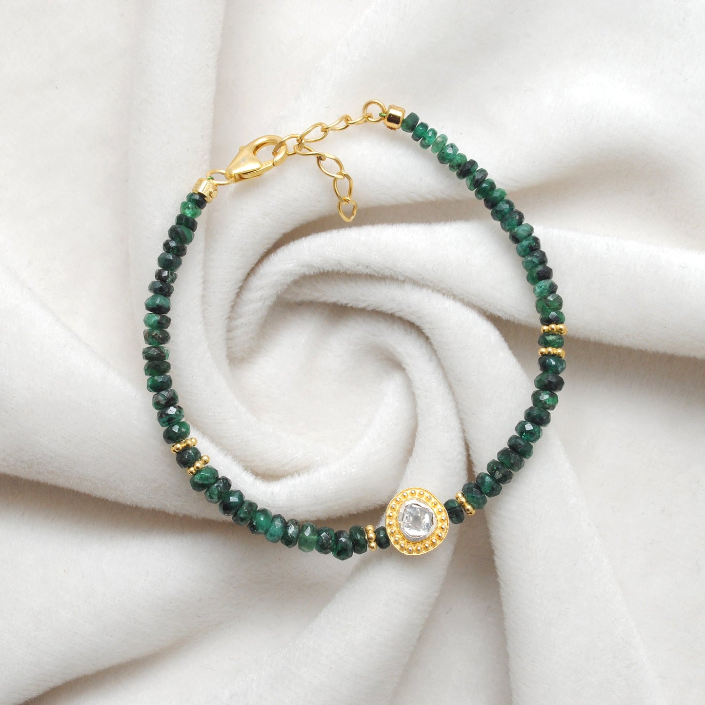 925 Sterling Silver Emerald & Diamond Beaded Bracelet – Elegant Gift for Her