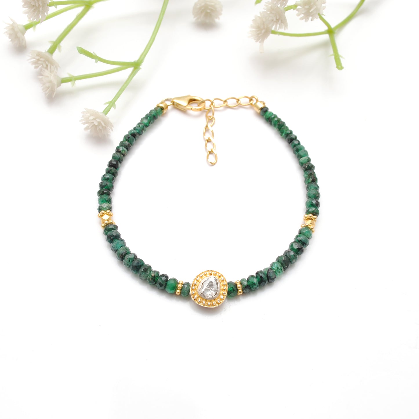 925 Silver Handmade 8" Natural Emerald & Diamond Bracelet