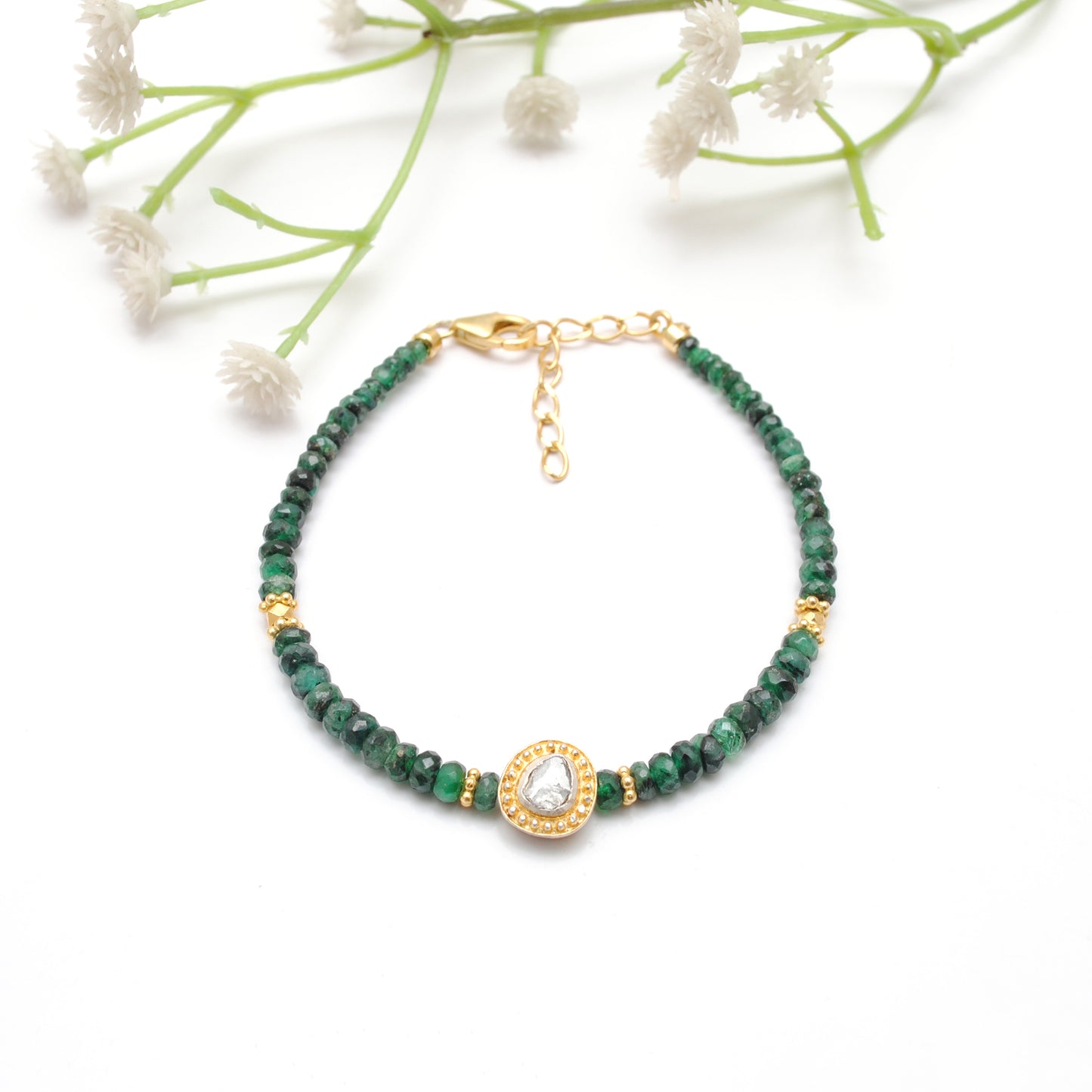 925 Silver Handmade 8" Natural Emerald & Diamond Bracelet