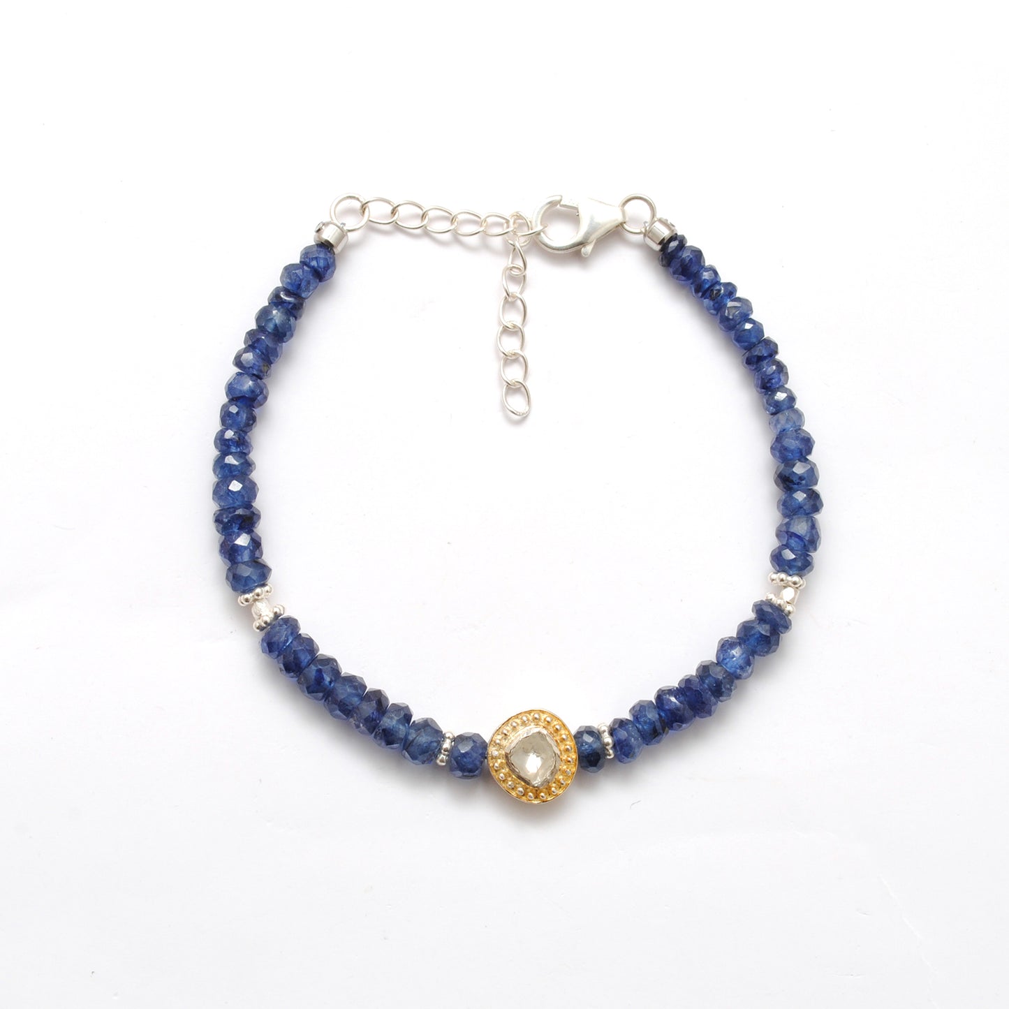 Natural Blue Sapphire & Diamond Beaded Bracelet in 925 Silver