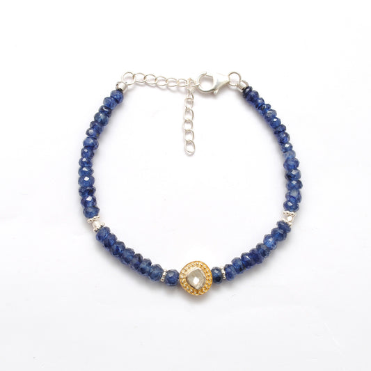 Natural Blue Sapphire & Diamond Beaded Bracelet in 925 Silver - view 3