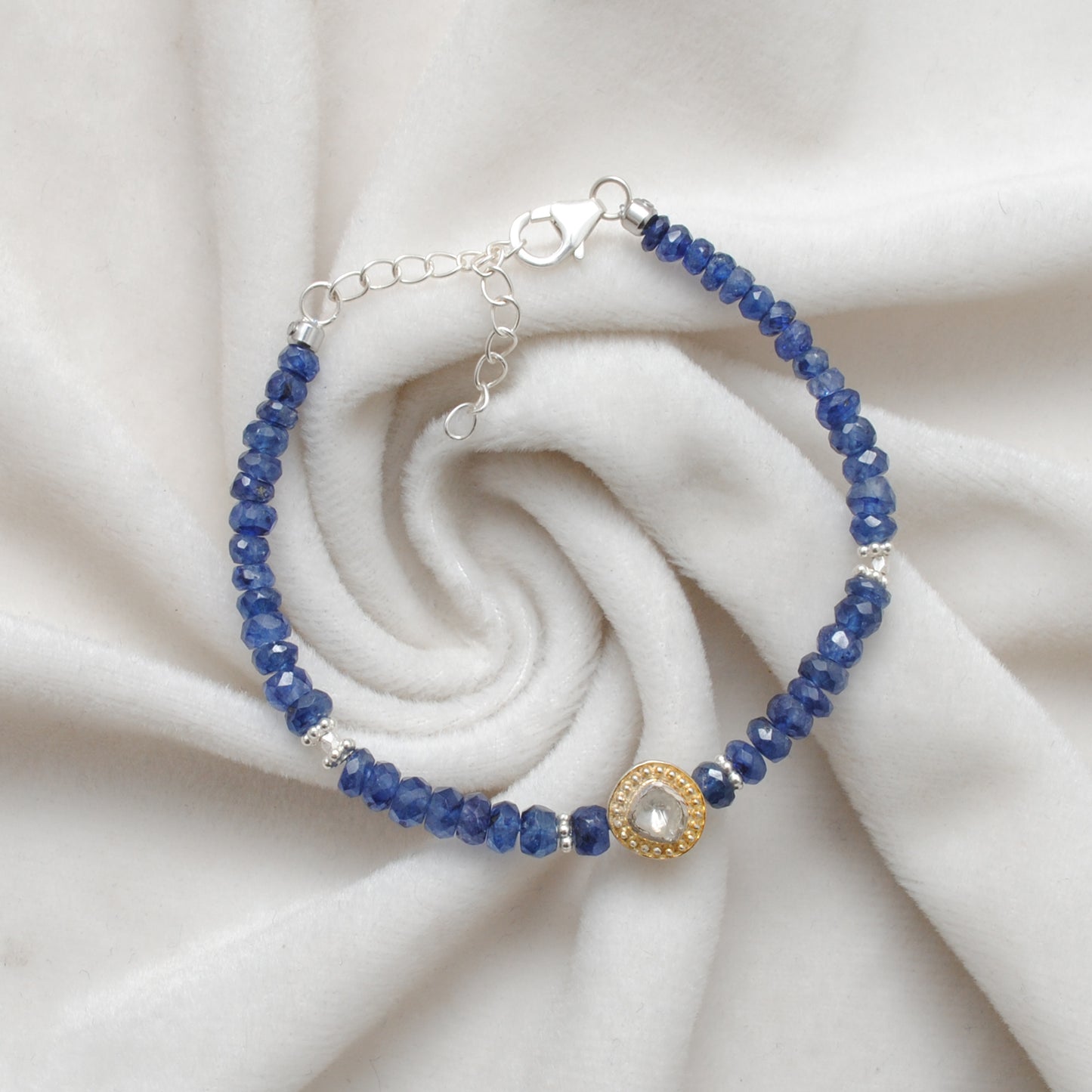 Natural Blue Sapphire & Diamond Beaded Bracelet in 925 Silver