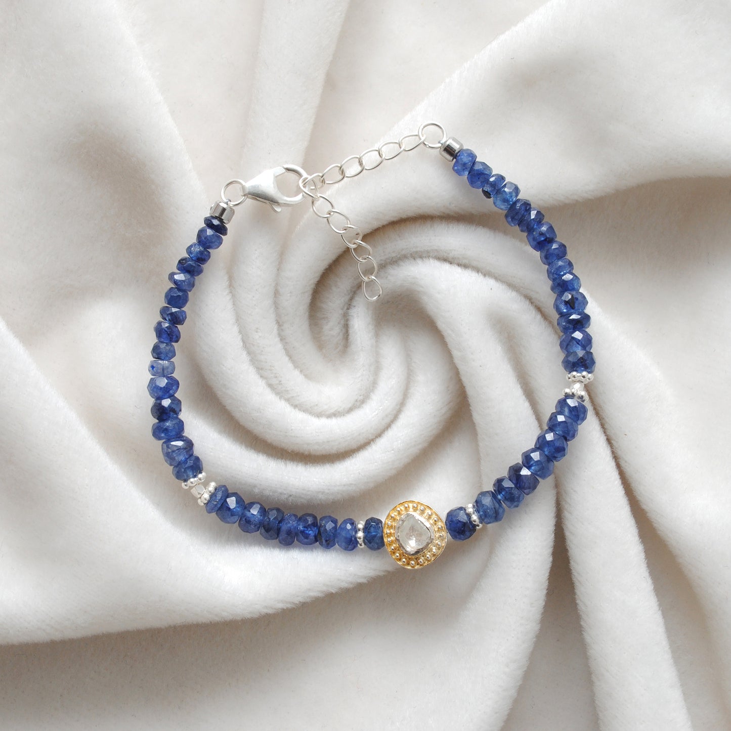 Natural Blue Sapphire & Diamond Beaded Bracelet in 925 Silver