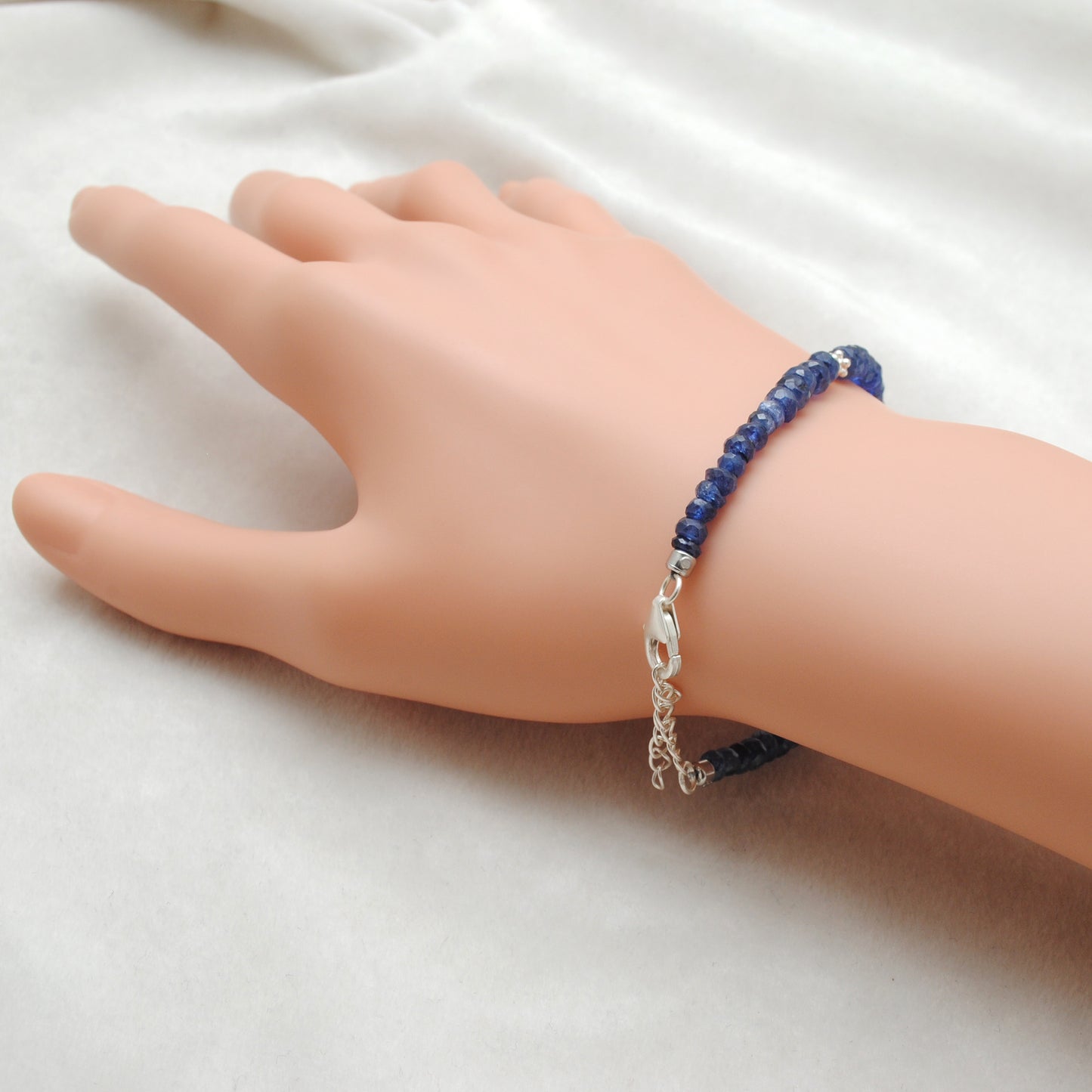 Natural Blue Sapphire & Diamond Beaded Bracelet in 925 Silver