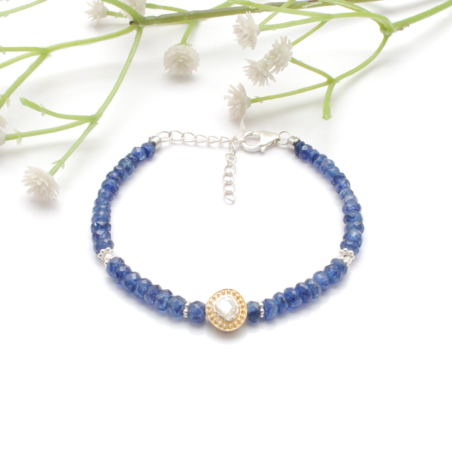 Natural Blue Sapphire & Diamond Beaded Bracelet in 925 Silver