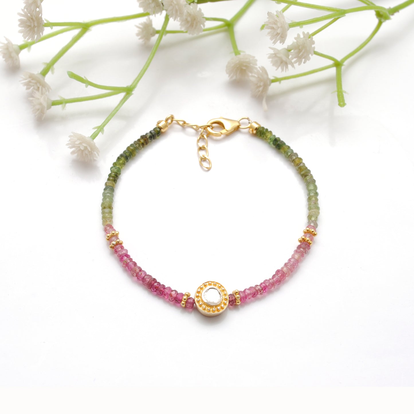 Handmade 8" Natural Multi Tourmaline & Diamond Silver Bracelet