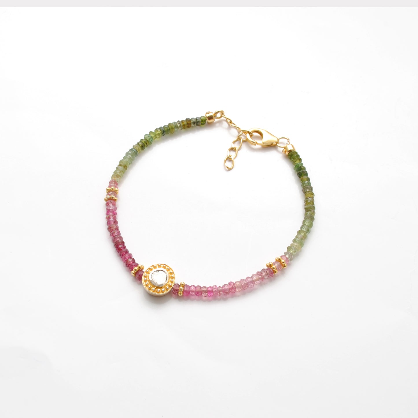 Handmade 8" Natural Multi Tourmaline & Diamond Silver Bracelet