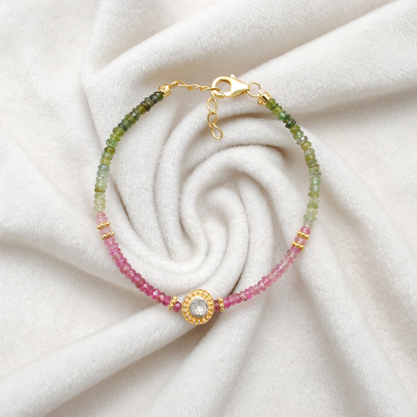 Handmade 8" Natural Multi Tourmaline & Diamond Silver Bracelet