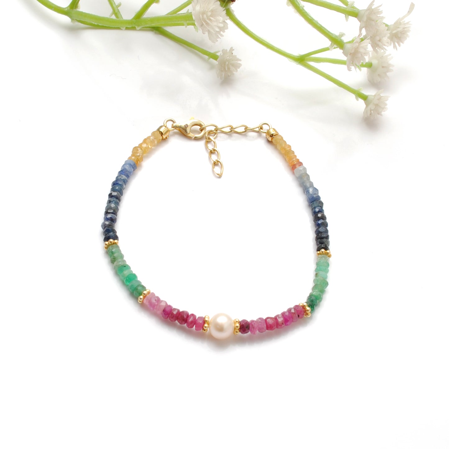 925 Silver Multi-Gemstone Beaded Bracelet – Blue Sapphire, Emerald, Ruby & Pearl