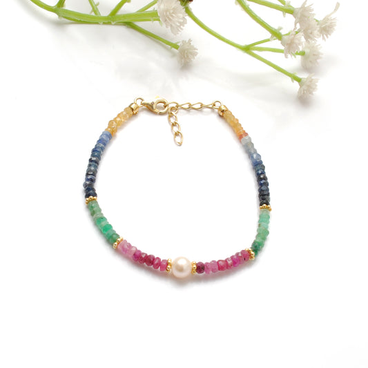 925 Silver Multi-Gemstone Beaded Bracelet – Blue Sapphire, Emerald, Ruby & Pearl
