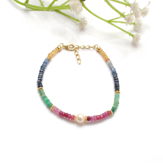 925 Sterling Silver Multi-Gemstone Beaded Bracelet. Ruby Emerald Sapphire - view 3
