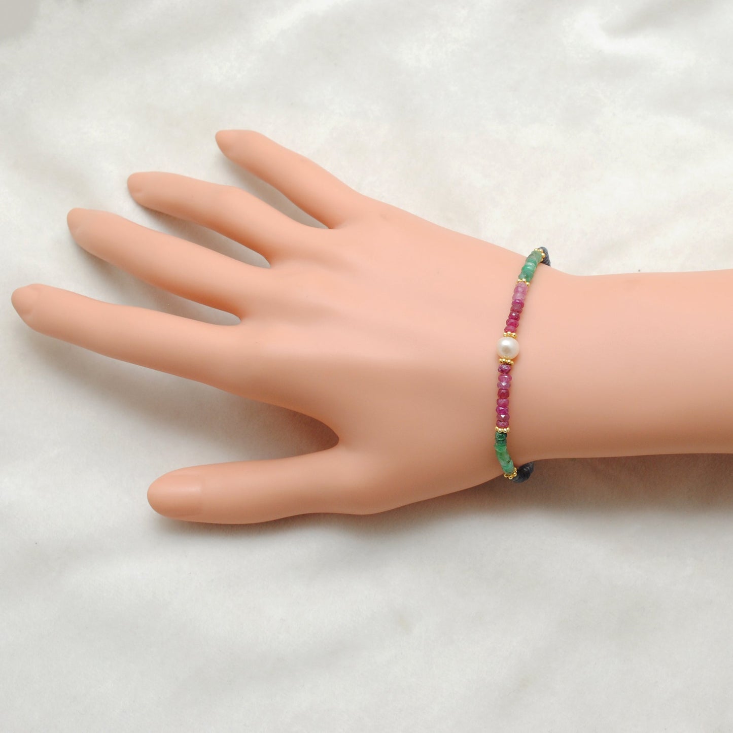 925 Sterling Silver Multi-Gemstone Beaded Bracelet. Ruby Emerald Sapphire