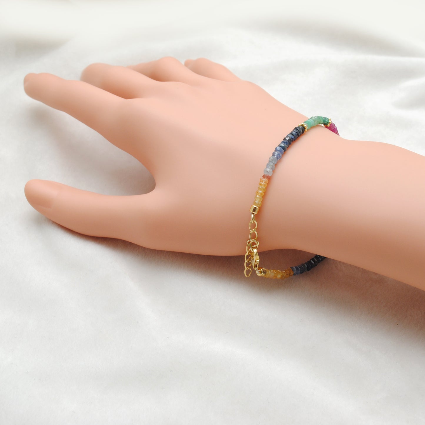 925 Silver Multi-Gemstone Beaded Bracelet – Blue Sapphire, Emerald, Ruby & Pearl