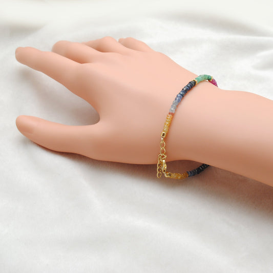 925 Sterling Silver Multi-Gemstone Beaded Bracelet. Ruby Emerald Sapphire