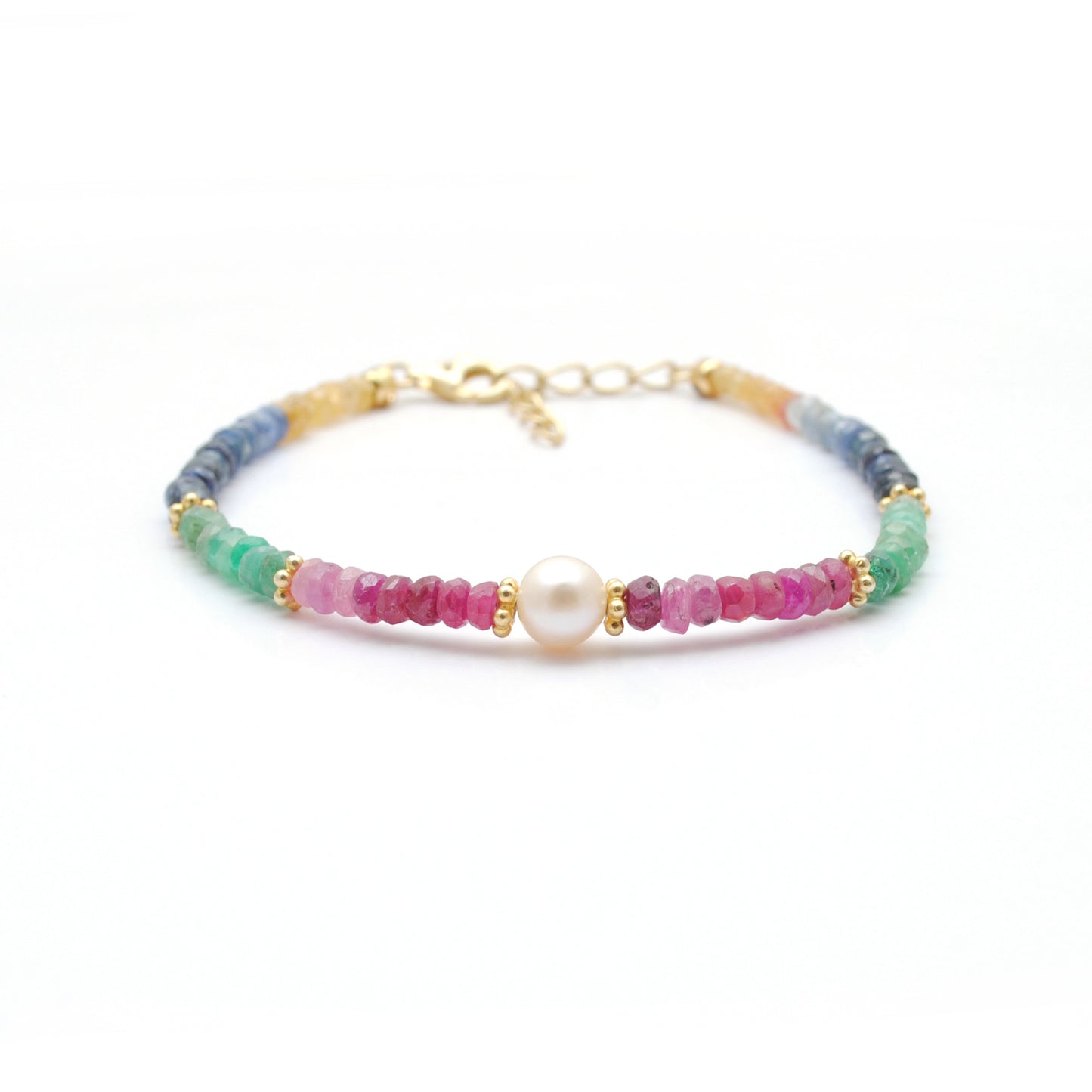 925 Silver Multi-Gemstone Beaded Bracelet – Blue Sapphire, Emerald, Ruby & Pearl