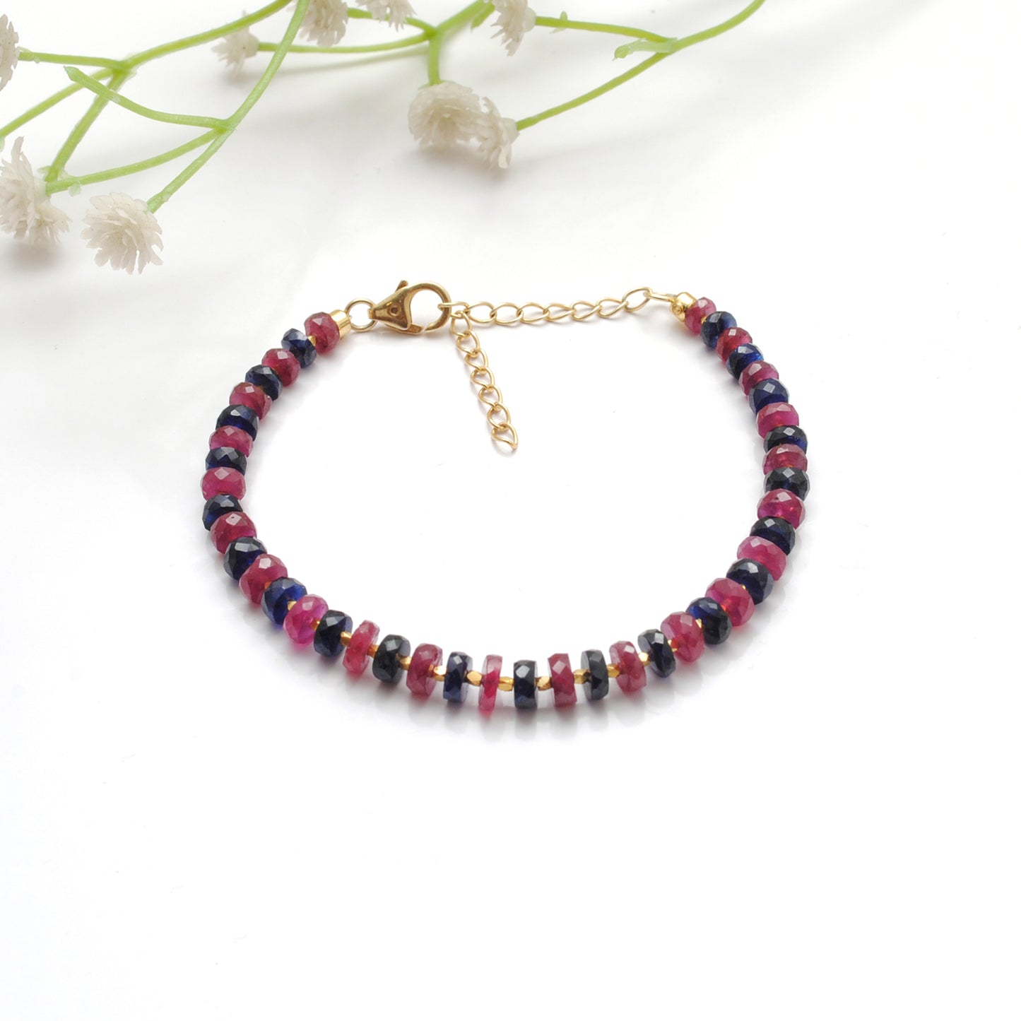 925 Silver Natural Ruby & Blue Sapphire Beaded Bracelet
