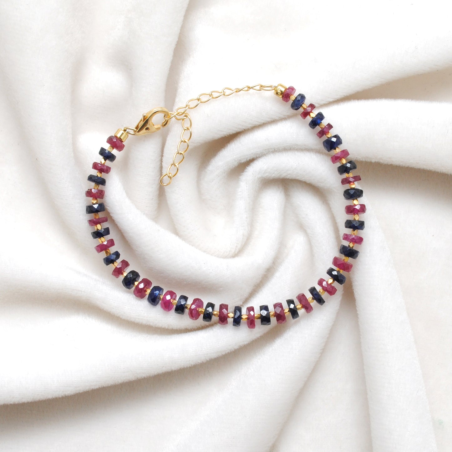 925 Silver Natural Ruby & Blue Sapphire Beaded Bracelet