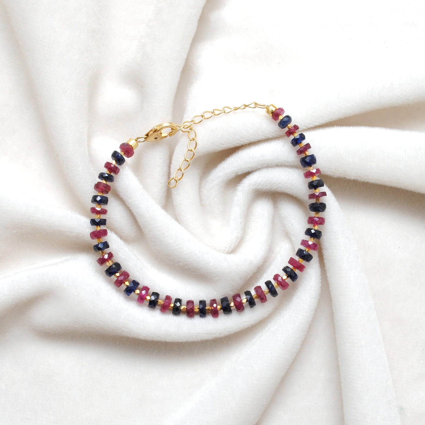 925 Silver Natural Ruby & Blue Sapphire Beaded Bracelet