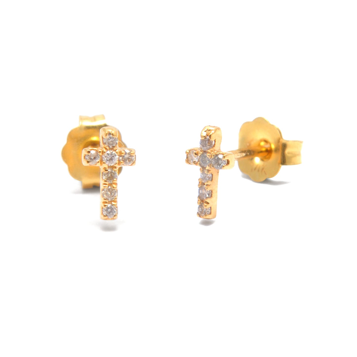 14k Solid Yellow Gold Pave Diamond Minimalist Cross Stud Earrings - Sar Gems