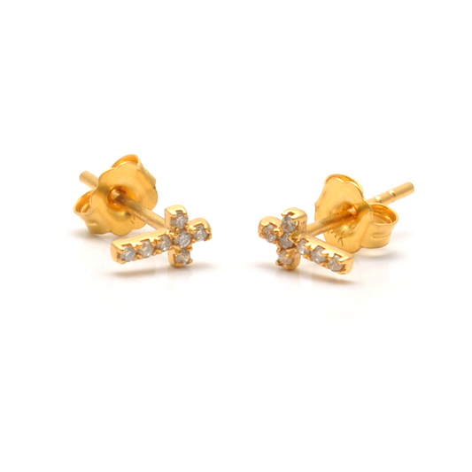 14k Solid Yellow Gold Pave Diamond Minimalist Cross Stud Earrings - Sar Gems