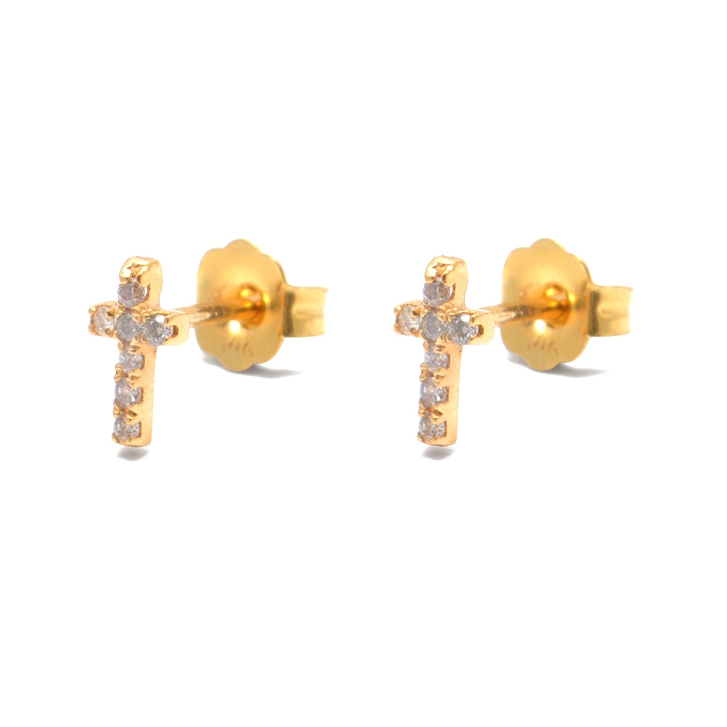 14k Solid Yellow Gold Pave Diamond Minimalist Cross Stud Earrings - Sar Gems