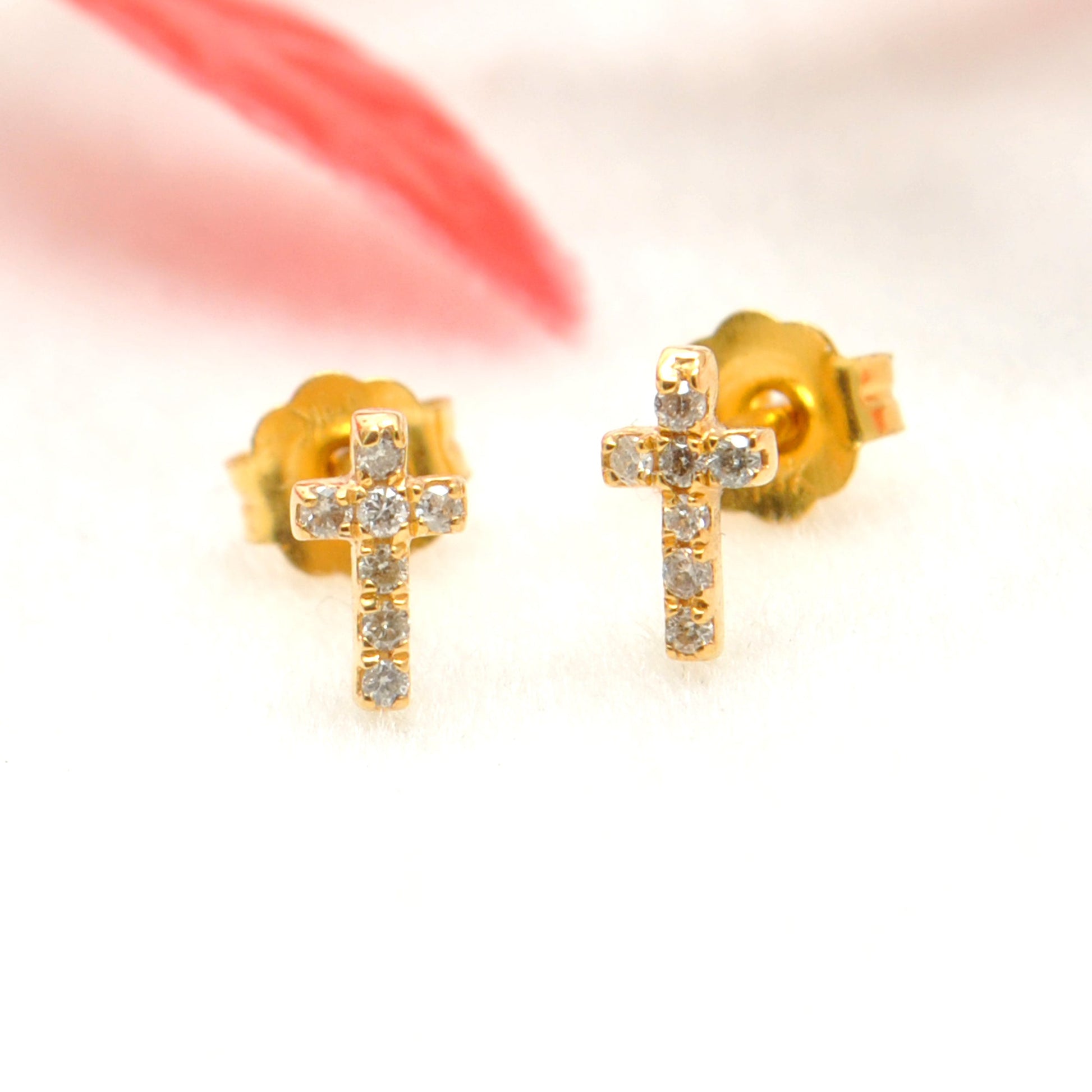 14k Solid Yellow Gold Pave Diamond Minimalist Cross Stud Earrings - Sar Gems