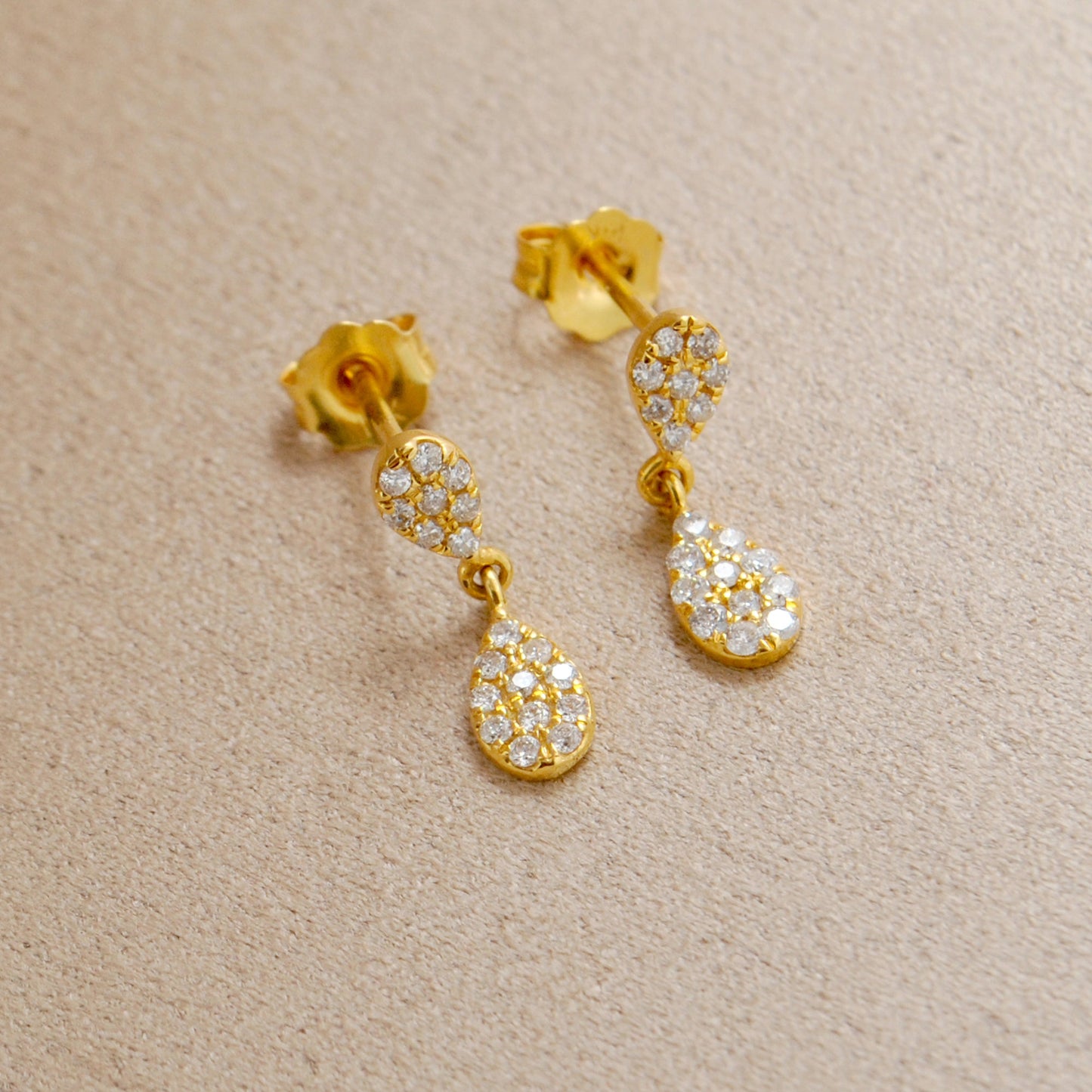 14k Solid Yellow Gold Pave Diamond Minimalist Dangle Earrings - Sar Gems
