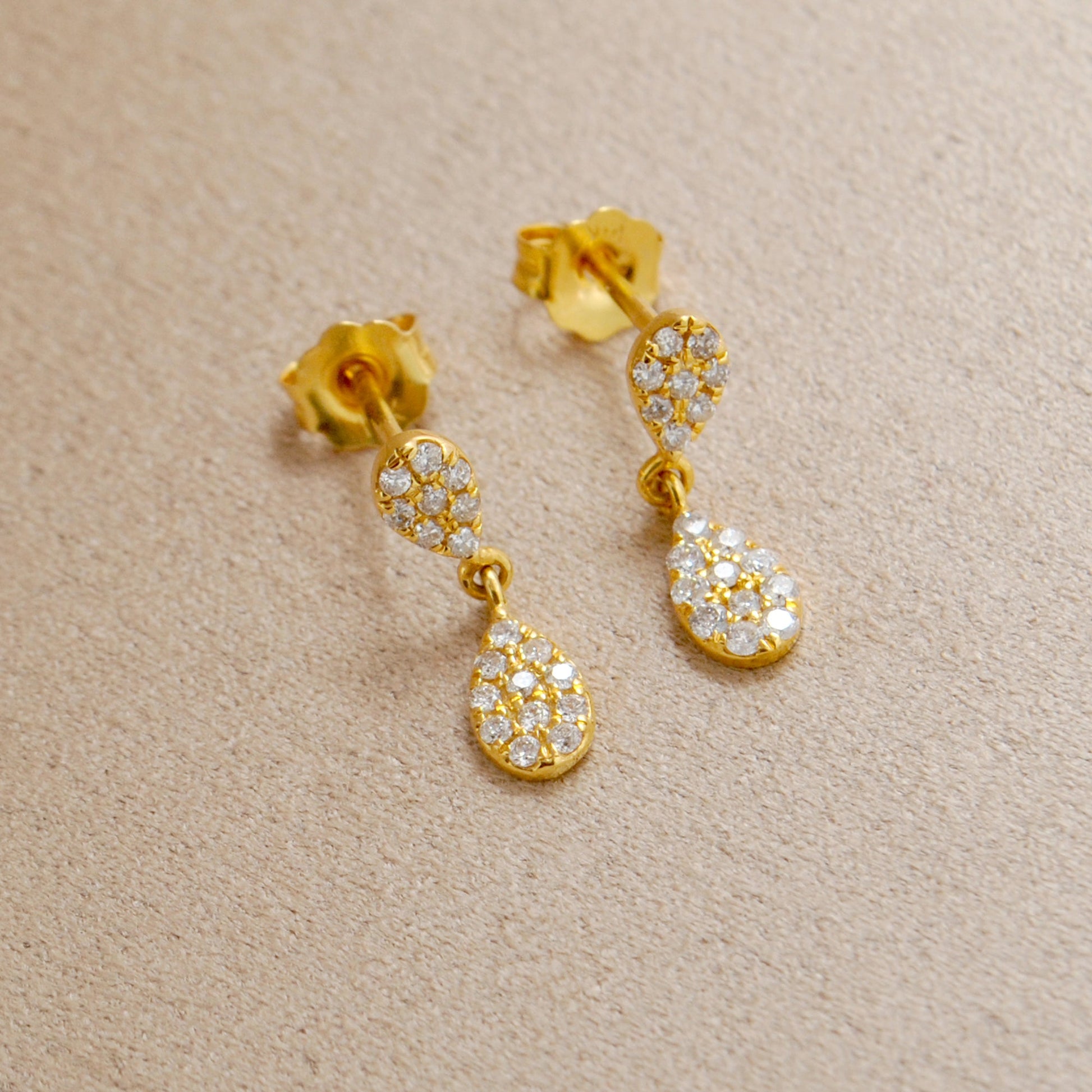 14k Solid Yellow Gold Pave Diamond Minimalist Dangle Earrings - Sar Gems