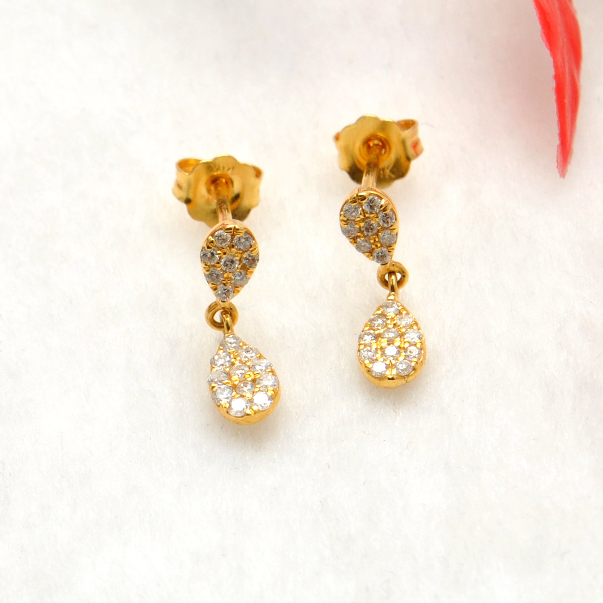 14k Solid Yellow Gold Pave Diamond Minimalist Dangle Earrings - Sar Gems