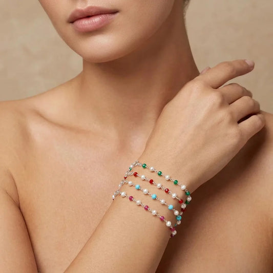 925 Sterling Silver Pearl with Multi-Gemstone Beaded Bracelet – Boho Jewelry