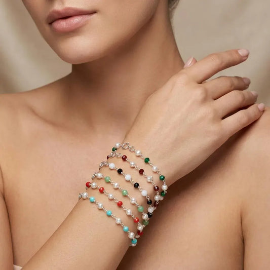 925 Silver Multi Chalcedony & Pearl Chain Bracelet – Minimalist Jewelry