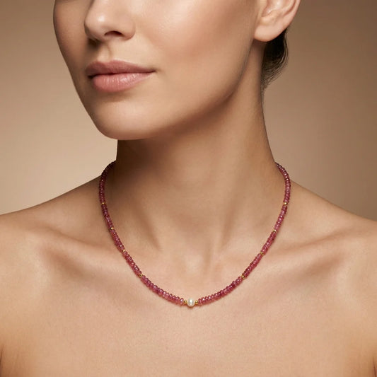 18k Gold Ruby Beaded Necklace Freshwater Pearl Christmas Gift